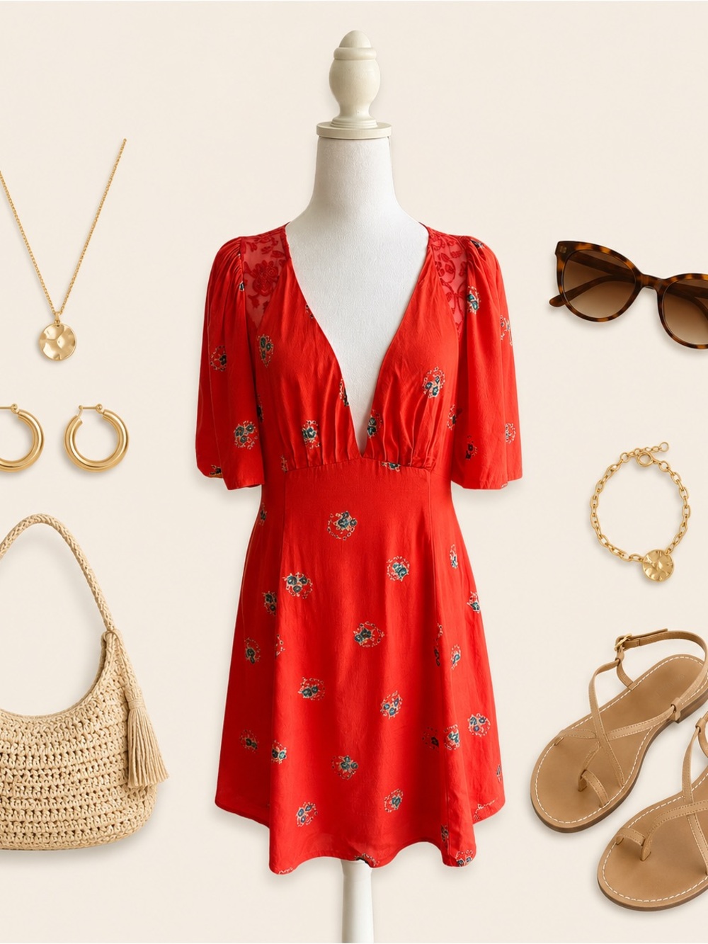 Free People Red Floral Plunging V-Neck Mini Dress